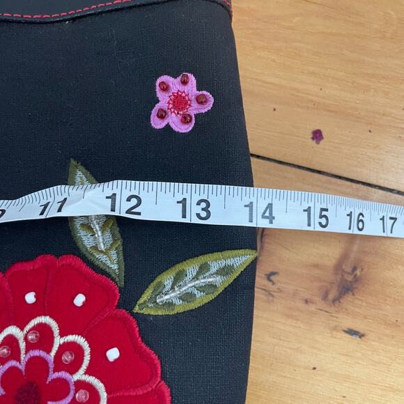 Vintage Liz Claiborne Floral Tote Bag Navy Red Embroidered Linen Cotton Boho Y2K - Picture 11 of 14